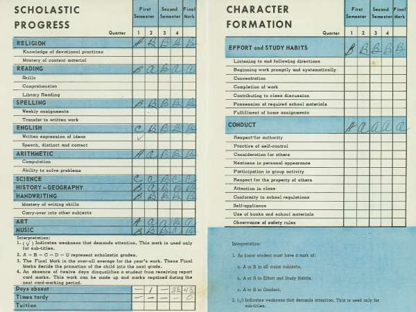 1964 Report Card grades