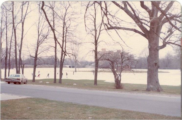 park flooded and icy in winter