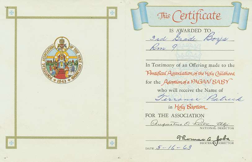 Certificate of Donation towards a Pagan Baby